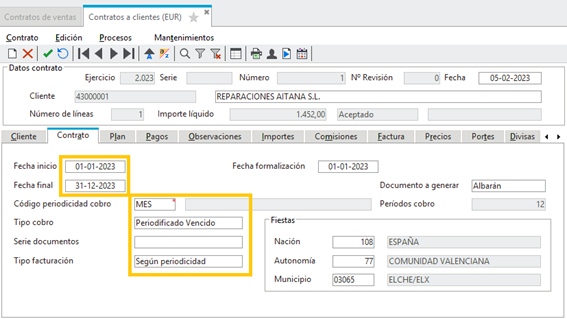 Gestion de contratos en Sage 200. Crear el contrato eligiendo cuándo y cómo vamos a facturar 2