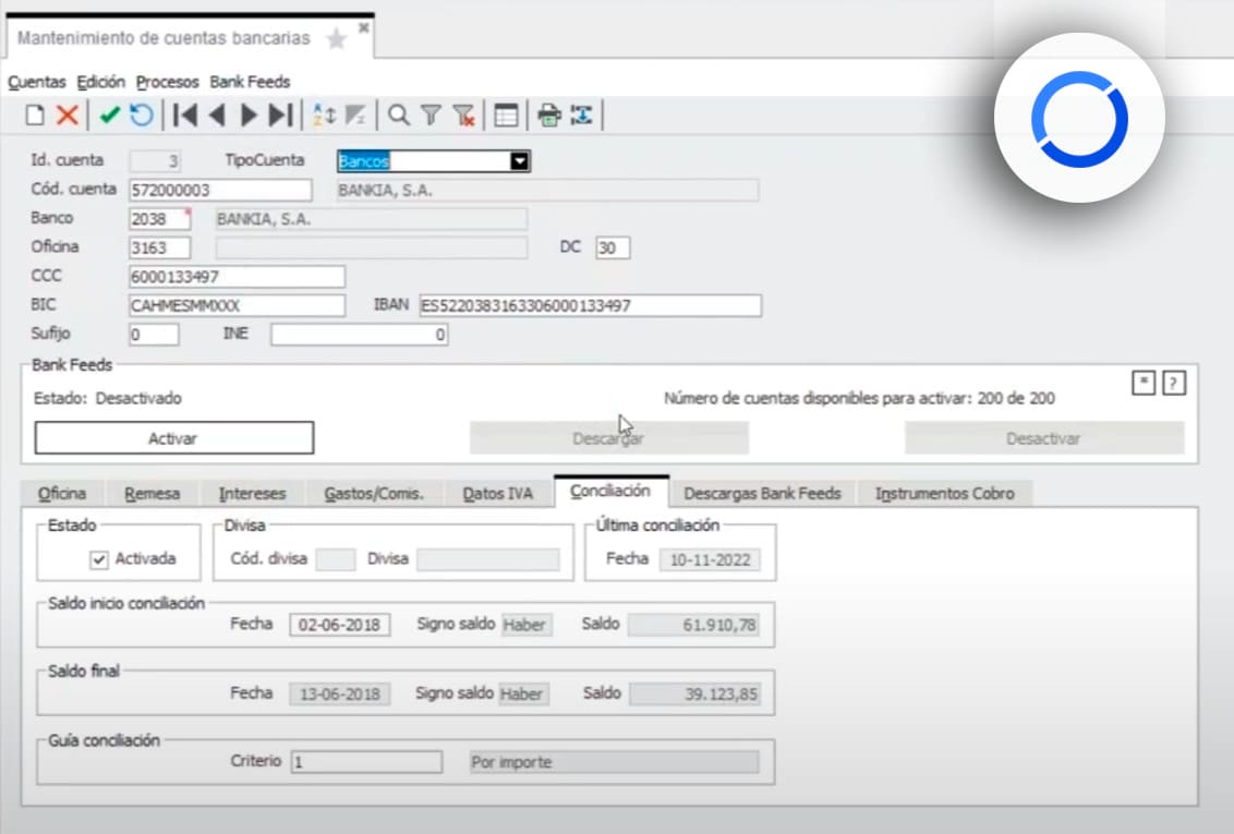 activar cuenta bancaria sage 200
